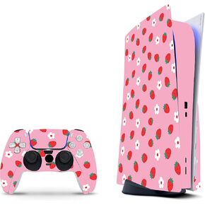 ZOOMHITSKINS Compatible with PS5 Digital Version (No Disk Version) Skin, Pink Strawberry Red Cute Kawaii Fruit, Durable, Bubble-free, Precisely Cut