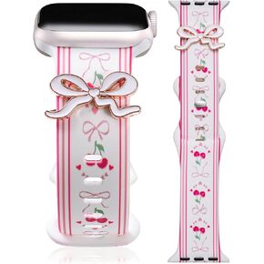 Cute Strap for Apple Watch Bands 42mm 41mm 40mm 38mm 46mm 45mm 44mm 49mm with Bow Charm, Soft Silicone Bracelet for iWatch Band Series 10 9 8 7 6 5 4 3 SE Women