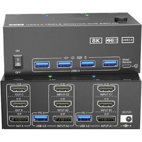Triple/Four Monitor KVM Switch 8K 4K HDMI+DP USB 3.0 Switch Extended Display 3/4 Monitors 2 Computers KVM with USB3.0(US,204HHDD)