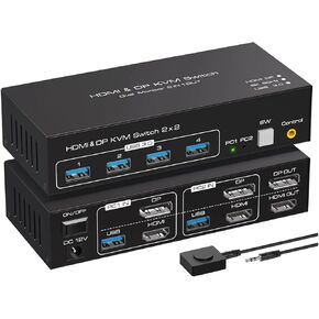 Dual Monitor DP KVM Switch 4K@120Hz 2x2 USB 3.0 HDMI KVM Switch 2 in 2 Out 8K @60Hz Mixed Display 2 Monitors 2 Computer(SW221-2HDMI,EU Power Adapter)