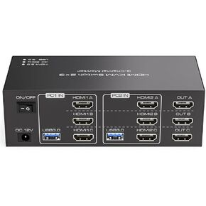 HDMI KVM Switch 3 Monitors 2 Computers 4K@60Hz KVM Switches with 4 USB 3.0 Ports for 2 Computers Sharing Triple Monitor(with UK Plug)