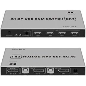 Displayport KVM Switch 2x1 4K 60Hz 8K DP USB KVM Switch 2 in 1 Out for 2 PC Share Mouse Keyboad Monitor with Desktop Controller(4K Version)