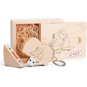 4GB Custom Heart-Shape Wood USB 3.0 Flash Drive with Exquisite Linen Bag, Wedding Thumb Drive with Wooden Box, Personalized USB Stick, Engraved Your Logo & Text for Couple/Parent/Photography