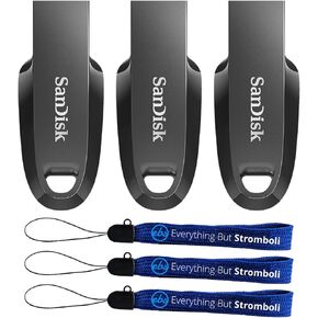 SanDisk Ultra Curve 3 Pack 512GB Flash Drives USB 3.2 USB-A High Performance Thumb Drive for Computers, Laptops, Office 100MB/s (SDCZ550-512G-G46) Bundle with (3) Everything But Stromboli Lanyards