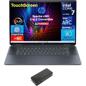 HP Specter X360 AI Powered 2-in-1 Laptop 16.0 "شاشة تعمل باللمس OLED 2.8K (Intel Ultra 7-155H ، 32GB LPDDR5X ، 1TB PCIE SSD ، Lacklit KB ، بصمة ، 2 Thunderbolt 4 ، Win 11 Home) W/USB-C Dock