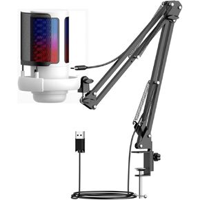Gaming USB Microphone，Noise Cancellation Condenser mic with Mute,Pop Filter, Computer RGB Mic Kit with Boom Arm Stand, Shock Mount, Rotate gain Button, Compatible with PS4/5/PC (Black)