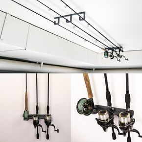 Multi-Mount Fishing Rod Holder, Three Fishing Rods, Wall, Ceiling, Vertical (Black)