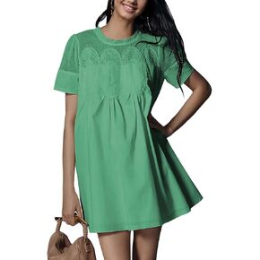 Womens Summer Lace Mini Babydoll Dress Ruffled Collar Short Sleeve Loose Mesh Swing Elegant Flared Sundress(102-002)