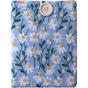 Embroidered Fabric Sleeve for iPad 9.7/10.2/10.5/10.9, Nook Glowlight Plus, Mass Market Paperback Books - Padded Protective Cover, Handcrafted Character - White & Blue Daisy