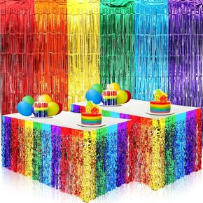 4 Pack Rainbow Birthday Party Decorations, Large Rainbow Foil Fringe Curtains Metallic Tinsel Backdrop Colorful Table Skirt Photo Booth Props for Wedding Birthday Party Engagement