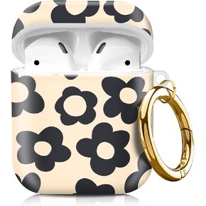 Compatible with AirPods 2nd 1st Generation,Cute Hard Case with Golden Keychain, Soft TPU Protective Shockproof Case for Girls Women (Grovy Beige Flowers)