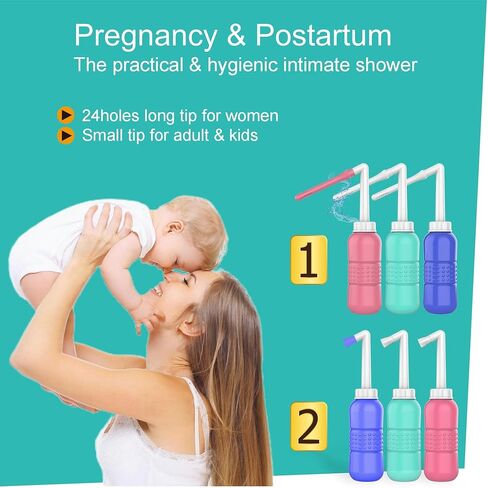2PCS-Pack Peri Bottle for Postpartum Essentials, Feminine Care 450ml Postpartum Perineal Cleansing 15oz Portable Bidet Travel Bidet with Waterproof Storage Bag (Pink+Blue) in Kuwait
