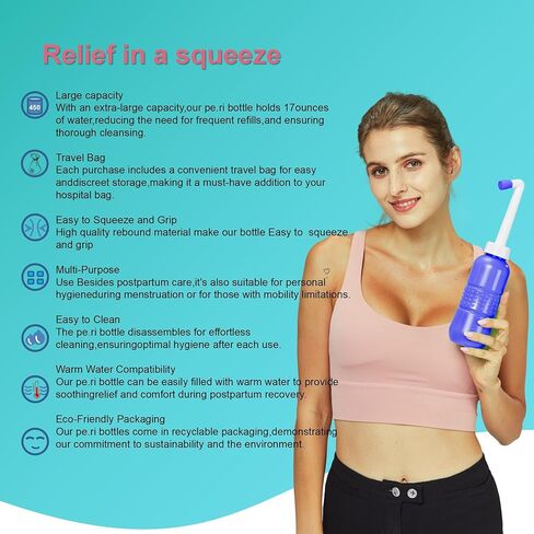 2PCS-Pack Peri Bottle for Postpartum Essentials, Feminine Care 450ml Postpartum Perineal Cleansing 15oz Portable Bidet Travel Bidet with Waterproof Storage Bag (Pink+Blue) in Kuwait