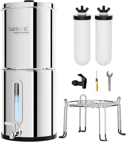 نظام تصفية مياه الجاذبية Purewell 2.25G مع نافذة لمستوى الماء، نظام كونترتوب من الفولاذ المقاوم للصدأ ذو ترشيح فائق 3 مراحل 0.01 ميكرومتر مع مرشحين وحامل، يقلل 99% من الكلور، PW-KS in Kuwait