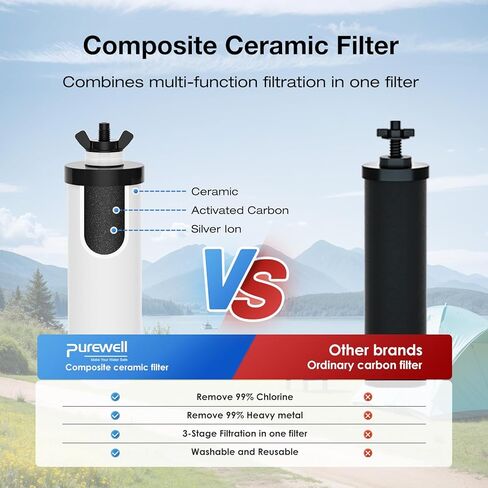 نظام تصفية مياه الجاذبية Purewell 2.25G مع نافذة لمستوى الماء، نظام كونترتوب من الفولاذ المقاوم للصدأ ذو ترشيح فائق 3 مراحل 0.01 ميكرومتر مع مرشحين وحامل، يقلل 99% من الكلور، PW-KS in Kuwait