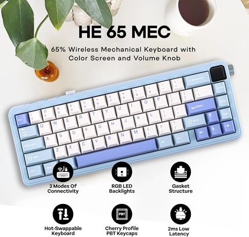 EPOMAKER HE65 MEC Wireless Mechanical Keyboard with Screen and Knob, 2ms Latency, RGB Backlight, Gasket Mount, Hot Swappable, N-Key Rollover (BlueWhite) in Saudi Arabia