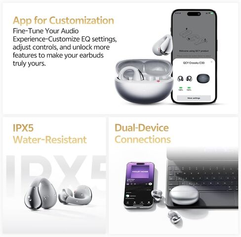 Qcy Crossky C30s Open Open Earbuds ، Clip Ultra-Comfort on Ear Buds Wireless Bluetooth 6.0 ، LDAC HI-RES Audio ، Bass Deep ، 40 H Time ، Charging Fast ، IPX5 Phoneproof/Running Plansones in Kuwait