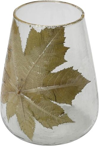 Creative Co-Op Handblown Glass Hurricane with Embedded Papaya Leaves and Gold Foil Edge, Clear, 8" L x 8" W x 10" H in Saudi Arabia