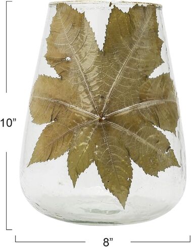 Creative Co-Op Handblown Glass Hurricane with Embedded Papaya Leaves and Gold Foil Edge, Clear, 8" L x 8" W x 10" H in Saudi Arabia