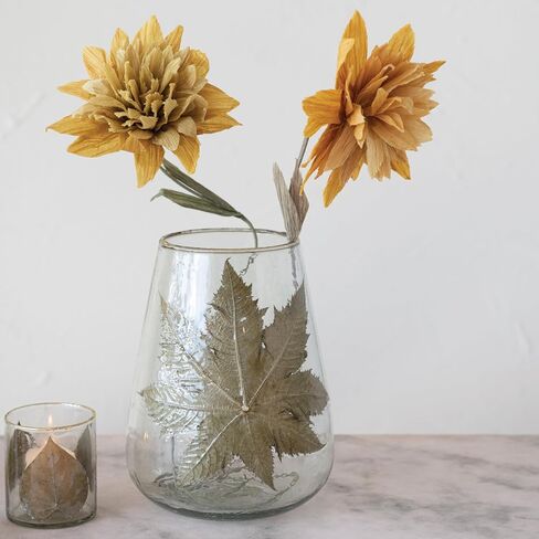 Creative Co-Op Handblown Glass Hurricane with Embedded Papaya Leaves and Gold Foil Edge, Clear, 8" L x 8" W x 10" H in Saudi Arabia