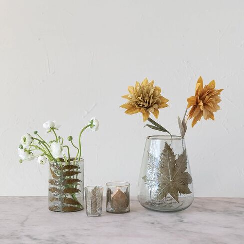 Creative Co-Op Handblown Glass Hurricane with Embedded Papaya Leaves and Gold Foil Edge, Clear, 8" L x 8" W x 10" H in Saudi Arabia