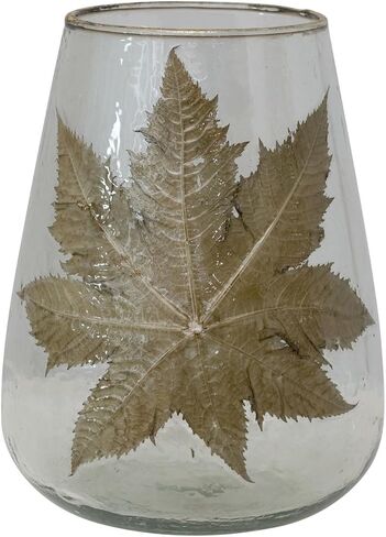 Creative Co-Op Handblown Glass Hurricane with Embedded Papaya Leaves and Gold Foil Edge, Clear, 8" L x 8" W x 10" H in Saudi Arabia