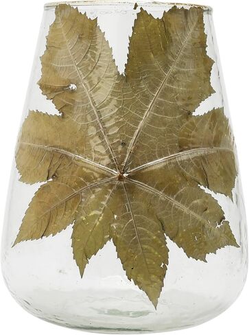 Creative Co-Op Handblown Glass Hurricane with Embedded Papaya Leaves and Gold Foil Edge, Clear, 8" L x 8" W x 10" H in Saudi Arabia
