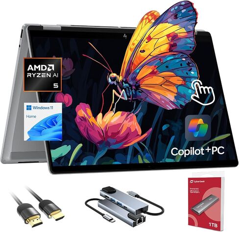 HP Omnibook X Flip Copilot + PC Computer ، 2-in-1 16 "FHD Lactescreen Captop ، AMD Ryzen AI 5 ، 16GB RAM ، 512GB SSD + 256GB SSD ، HDMI & USB ، لوحة مفاتيح الإضاءة الخلفية ، WIFI 6 + BT ، Windows 11 in Saudi Arabia