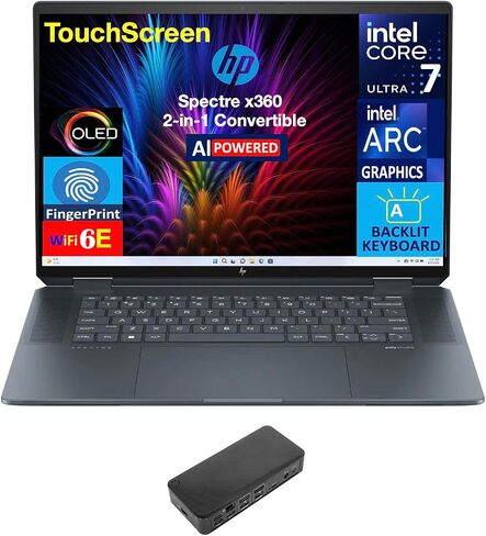 HP Specter X360 AI Powered 2-in-1 Laptop 16.0 "شاشة تعمل باللمس OLED 2.8K (Intel Ultra 7-155H ، 32GB LPDDR5X ، 1TB PCIE SSD ، Lacklit KB ، بصمة ، 2 Thunderbolt 4 ، Win 11 Home) W/USB-C Dock in Kuwait