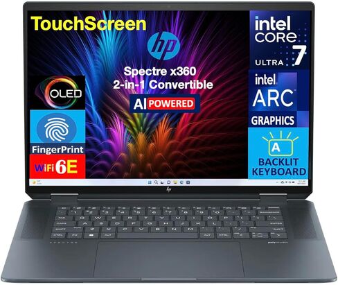 HP Specter X360 AI Powered 2-in-1 Laptop 16.0 "شاشة تعمل باللمس OLED 2.8K (Intel Ultra 7-155H ، 32GB LPDDR5X ، 1TB PCIE SSD ، Lacklit KB ، بصمة ، 2 Thunderbolt 4 ، Win 11 Home) W/USB-C Dock in Kuwait