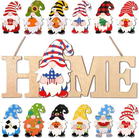 Yookeer Interchangeable Gnomes Home Sign Wood Valentines Day Door Sign Seasonal Gnomes St Patrick's Day Home Decor Rustic Easter Gnome Porch Sign with 12 Pieces Changeable Gnomes(Wood Color) in Saudi Arabia