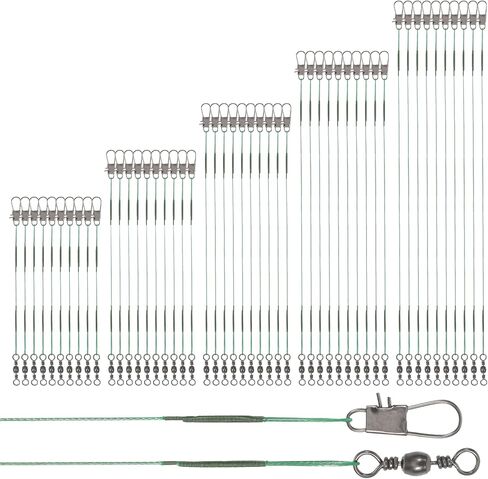 50 Pcs Fishing Leaders with Swivels, Steel Wire Fishing Leader High-Strength Anti-Bite Wire Leader Line Kit for Saltwater Freshwater, Connects Lures, Hooks, Rigs (4/6/8/10/12 Inch) in Saudi Arabia