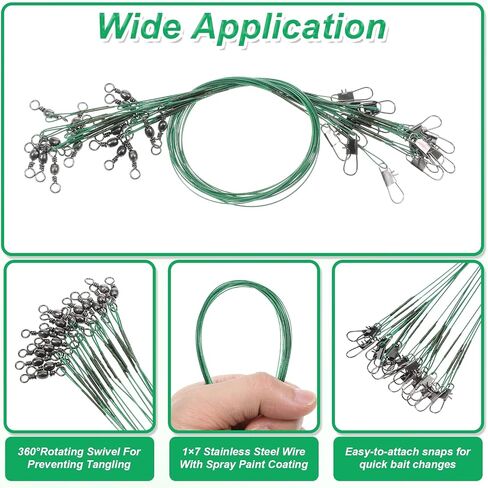 50 Pcs Fishing Leaders with Swivels, Steel Wire Fishing Leader High-Strength Anti-Bite Wire Leader Line Kit for Saltwater Freshwater, Connects Lures, Hooks, Rigs (4/6/8/10/12 Inch) in Saudi Arabia