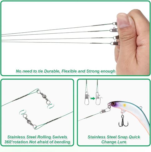 50 Pcs Fishing Leaders with Swivels, Steel Wire Fishing Leader High-Strength Anti-Bite Wire Leader Line Kit for Saltwater Freshwater, Connects Lures, Hooks, Rigs (4/6/8/10/12 Inch) in Saudi Arabia