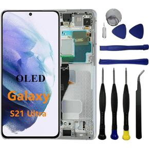 OLED Galaxy S21 Ultra Screen Replacement for Samsung Galaxy S21 Ultra 5G G998U G998U1 G998B LCD Display Touch Screen Digitizer Assembly Support Fingerprint (with White Frame+Tools)