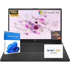 HP 17.3'' IPS FHD Anti-Glare Laptop, AMD Ryzen 7 5700U Processor (Beats i7-1355U), 16GB RAM, 512GB SSD, Wi-Fi 6 & Bluetooth 5.2, Webcam, Windows 11 Pro with Microsoft 365, Black, WOWPC Recovery USB