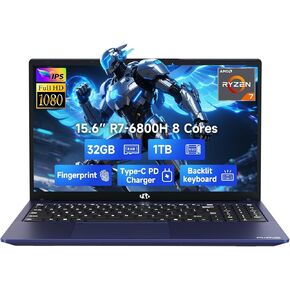 NIMO 15.6" IPS FHD-Gaming-Laptop, 8 Cores AMD Ryzen 7 6800H 32GB DDR5 RAM 1TB SSD (Beat Intel i7-12700H, Up to 4.7GHz) AMD Radeon 680M GPU-Computer with 100W GaN Type-C Backlit Keyboard Fingerprint