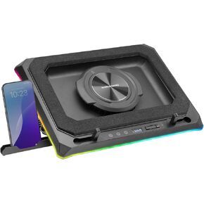 MNBC Ultra, Cooling Base and Stand, 140 mm Fan, CoolCore Airflow Technology, RGB Chroma, 5 Positions, Compatible with Laptops up to 18 Inches, Smartphone Holder, 4 x USB-A, Black