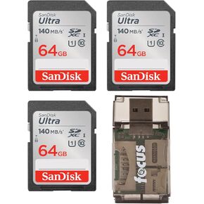 SanDisk 64GB Ultra Class 10 140 MB/s UHS-I SDXC Memory Card (3-Pack) with Focus All-in-One High Speed Card Reader (4 Items)