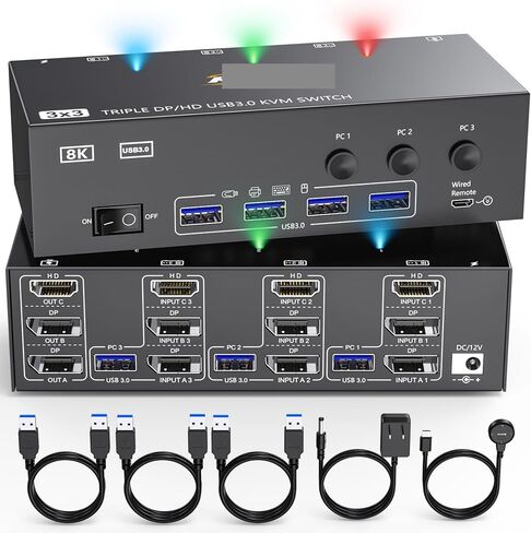 KVM Switch 2/3 Computers 2/3 Monitors HDMI + DisplayPort USB 3.0 KVM Switcher 8K/4k Dual/Triple Monitor KVM for 2/3 PC(AU Power Adapter,202DH) in Saudi Arabia