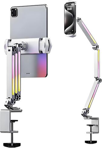 حامل موقف Wyyhaa Tablet مع ضوء LED قابل للتعديل للمكتب ، وهاتف تصميم متعدد القابل للطي متعدد الزاوية متوافق مع الأجهزة 4 "-12.9" ، سبيكة الألومنيوم ، الفضة in Kuwait