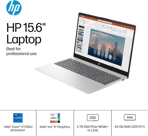 HP 15.6" FHD Touchscreen Business Laptop, 13th Gen Intel 10-Core i7-1355U, 64 GB RAM, 2 TB SSD, Intel Iris Xe Graphics, Wi-Fi 6, Long Battery Life, Copilot AI, Windows 11 Pro, w/Lifetime MS Office in Saudi Arabia