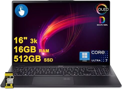 acer Swift 16 AI Laptop 16" 3k OLED Touch 100% DCI-P3 Intel 8-core Ultra 7 Series 2 256V (Up to 47 Tops) 16GB DDR5 1TB SSD for Creator Designer Business Professional Win11Pro ICP Hub/Copilot+ AI PC in Kuwait