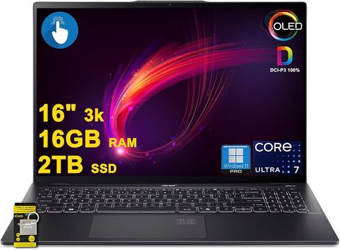 acer Swift 16 AI Laptop 16" 3k OLED Touch 100% DCI-P3 Intel 8-core Ultra 7 Series 2 256V (Up to 47 Tops) 16GB DDR5 1TB SSD for Creator Designer Business Professional Win11Pro ICP Hub/Copilot+ AI PC in Kuwait
