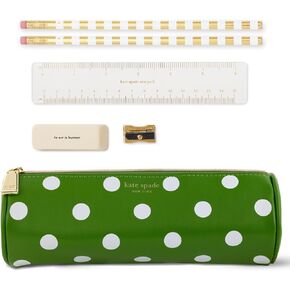 Kate Spade New York Pen and Pencil Case with Office Supplies, Green Zip Pouch Includes 2 Pencils, Sharpener, Eraser, and Ruler (Picture Dot)