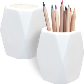 2 Pack Ceramic Pencil Holder,White Geometric Pen Cup Makeup Brush Holder for Girls Women,Desk Accessories Holder,Durable Desktop Organizer Pen Holder Ideal Gift for Office Home (White)