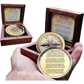 Antiqued Brass Robert Frost Poem Compass with Wooden Box, Inspirational Gifts for Woman, Aniversity Gifts for Men,Engraved Compass,Wedding for Boys, Pocket Compass for Hiking Survival
