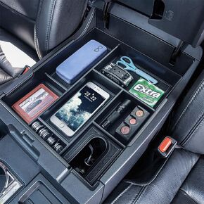 صينية غطاء كامل منظم وحدة التحكم المركزية متوافقة مع ملحقات Toyota Tundra 2014-2020 2021، حامل عملات ABS صندوق تخزين ثانوي، صينية وحدة تحكم بمسند الذراع، أسود