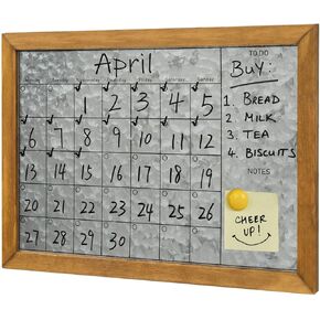 MyGift Dry Erase Wall Calendar Wall Mounted Rustic Galvanized Silver Metal Whiteboard Memo Board with Brown Wooden Frame