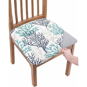 Blue Grey Coral Coastal Seat Covers for Dining Chairs, Summer Beach Stretch Kitchen Chair Slipcovers, Seaside Nautical Dining Room Chair Covers Removable Office Chair Cover Protector Set of 2